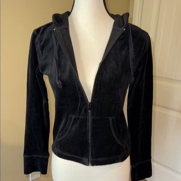 DKNY Hoodie Sweatshirt Black Velour Zip Up Front Pockets Women's Sz S - Picture 2 of 10